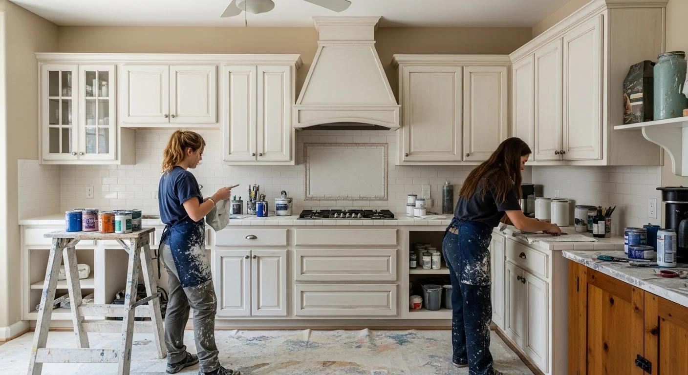 Freshly painted white kitchen cabinets with clean lines and smooth finish in a Charlotte, North Carolina home. Cabinet doors and drawer fronts show an even, professional coat with no brush marks, set against light countertops in a Mecklenburg County kitchen.