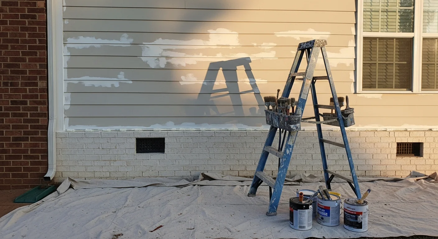 A two-story home in Mecklenburg County, North Carolina with freshly painted fiber cement siding in a neutral gray tone and crisp white trim. The exterior shows clean brush and roller work on all siding panels, fascia, and shutters with no visible drips or lap marks.