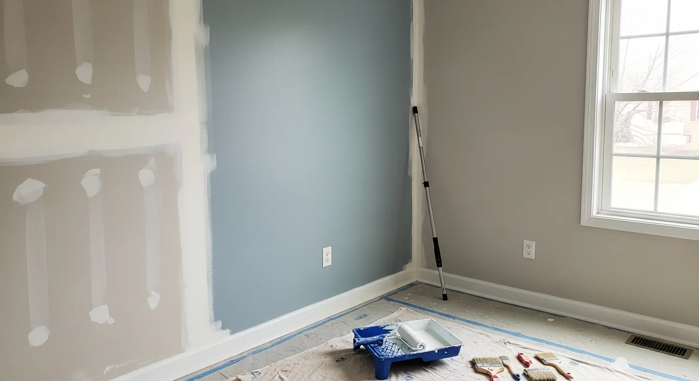 Interior of a Mecklenburg County home with freshly painted white walls, clean trim, and smooth ceiling finish in a well-lit living room. Keel Line Painting & Coatings completed this interior house painting project in the Charlotte area.